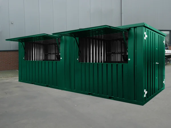 Bar Container 6x2 m Grün RAL 6005 – Modularer Verkaufscontainer mit Klappdach und Boden