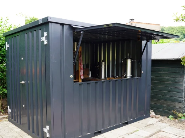 Container Bar XL 3×2 m RAL 7016 Anthrazit – Verkaufscontainer mit Klappöffnung und Doppeltür – Modular