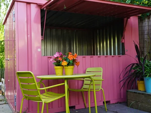 Bar Container XL 3x2 m Rosa RAL 3015 – Modularer Verkaufscontainer mit Klappdach